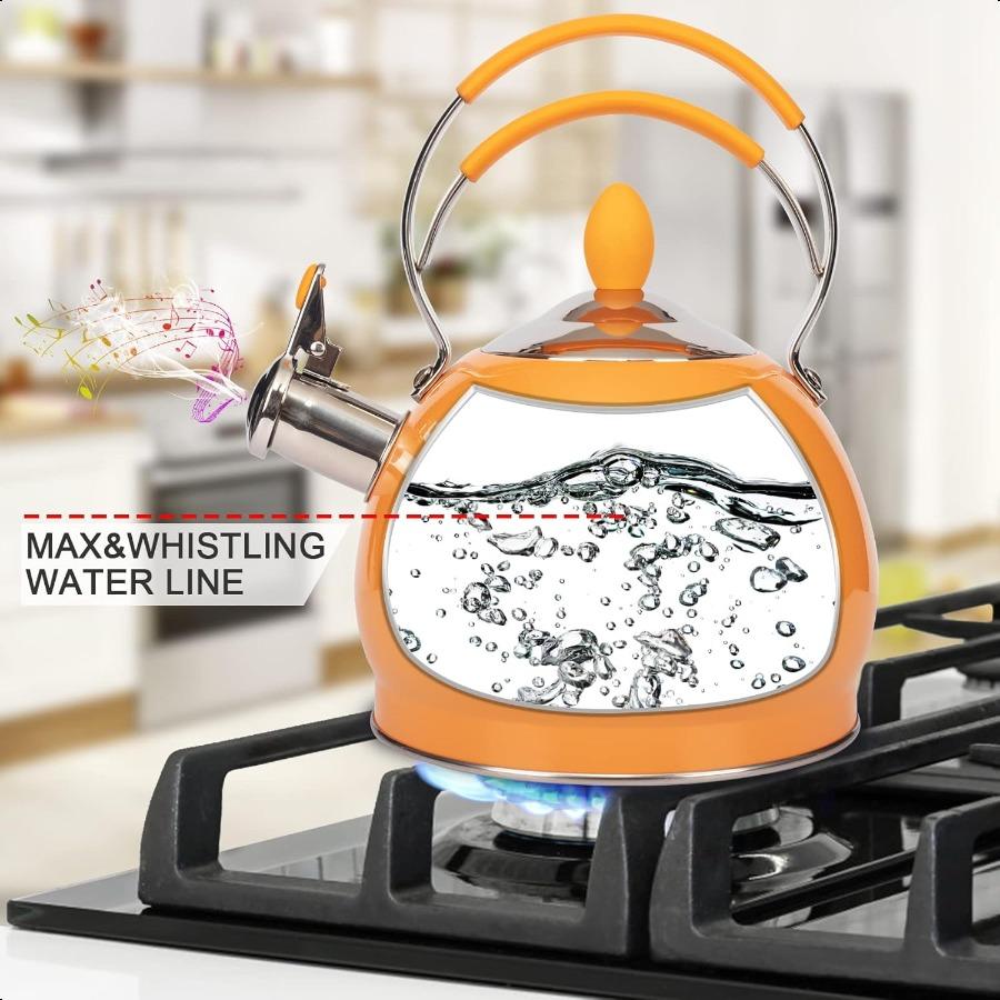 Whistling Tea Kettle Stainless Steel Teapot Teakettle for Stovetop Induction Stove Top Fast Boiling Heat Water Tea Pot 2.6 Quar