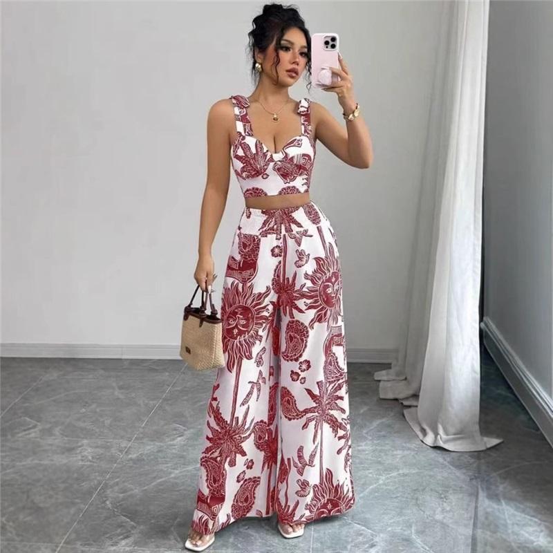 

Ladies Vacation Spa Beach 2 Piece Printed Sexy Strapless Set Summer Outfit With Top And Long Pants Stylish Beachwear For Women XXL червоний