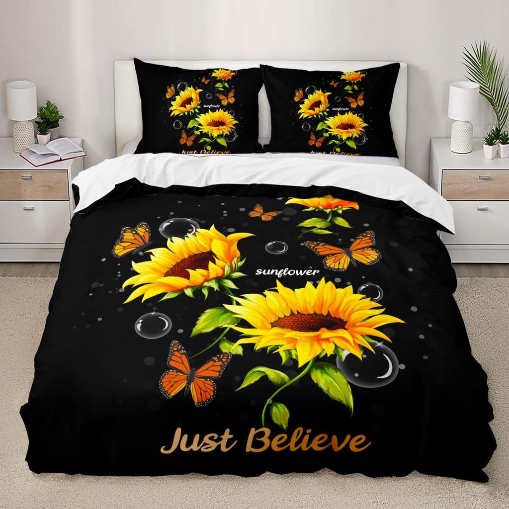 Sunflower Duvet Cover Set Queen Size Butterfly Comforter Set Retro Yellow Flower Quilt Cover 3 Piece Set With 2 Pillowcases