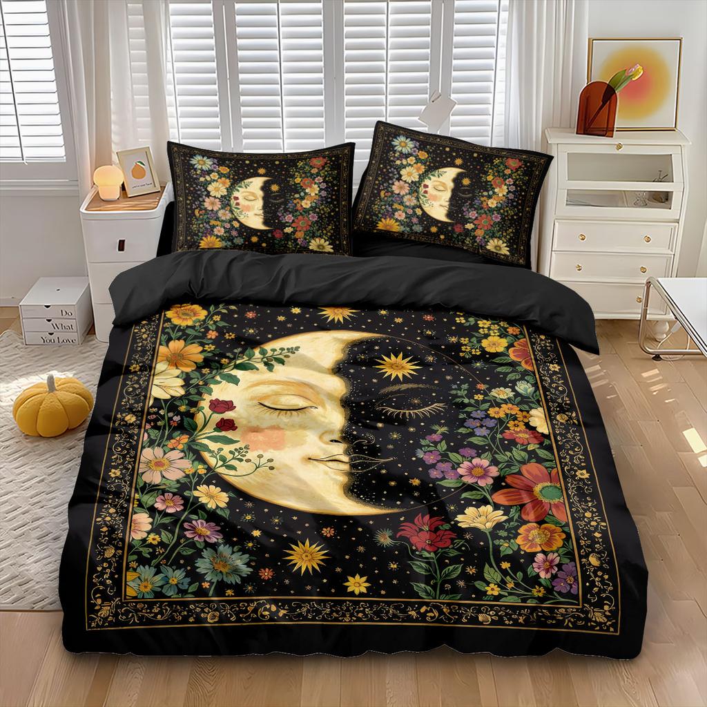 3pcs Moon Flower Printed Coreless Quilt Set, Multi Size Comfortable Bedroom Bedding Decoration, Machine Washable