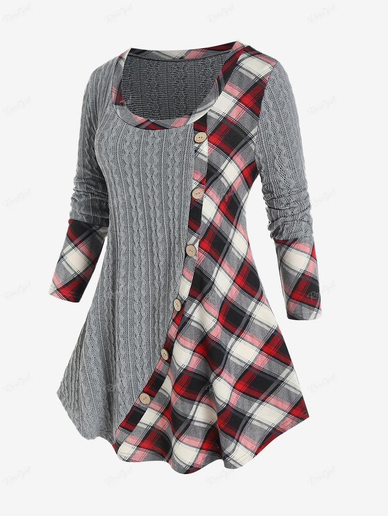 Maglietta a maglia a trecce con motivo scozzese misto Rosegal Plus Size