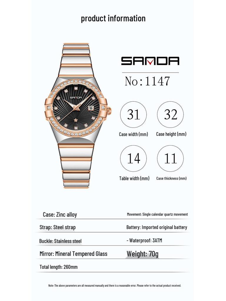 Sanda Women's Luminous Sunray Dial Quartz Watch with Vintage Calendar & Diamond Accents, Waterproof.