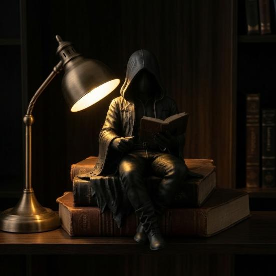 Statua di Uomo con Veste che Legge Mistero Gotico Statuetta Lettura Fantasy Veste Nera Scultura Seduta per Decorazione Libreria Scrivania di Halloween