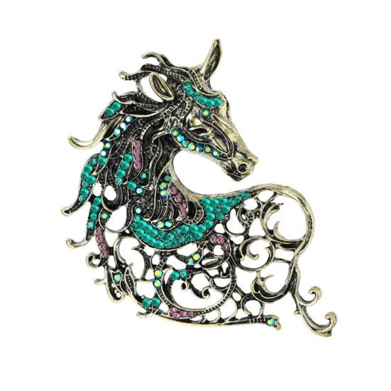 Brooch Alloy Horse Head Design Pin with Sparkling Rhinestones Retro Style