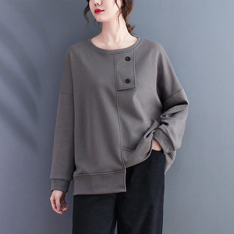 Autumn/Winter 2023 Women's Cotton Loose Fit Round Neck Pullover with Slit Hem, Plus Size Long Sleeve Casual Sweatshirt
