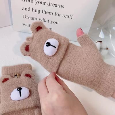 Koreanische Version von Plüsch Warm Damen Winter Kältefest Verdickt Halbfinger Aufklappbare Cartoon Bär Büro Fingerlose Handschuhe