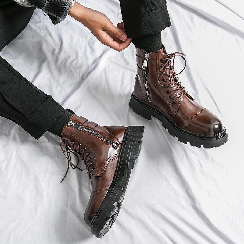 Korean version men's high top leather shoes Trendy male style Daily party outdoor leisure business thick soled men's boots