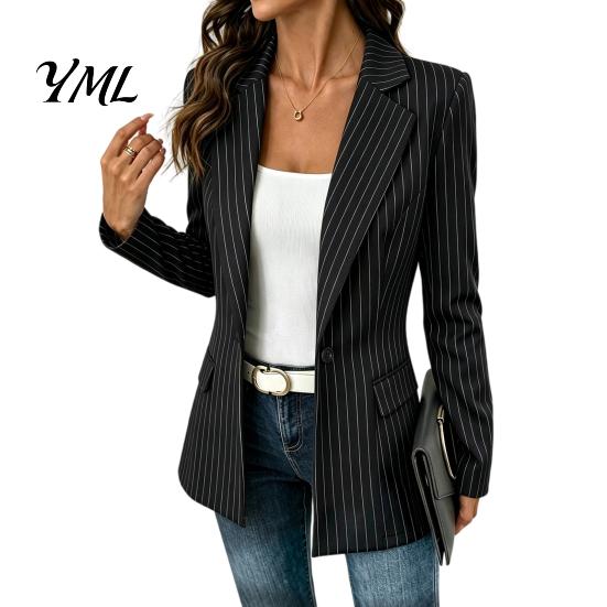 Lady Work Jacket Women Striped Blazer with One Button, Breathable Business Casual Outerwear Jacket, Long Sleeves Notch Lapel Collar Coat for Fall