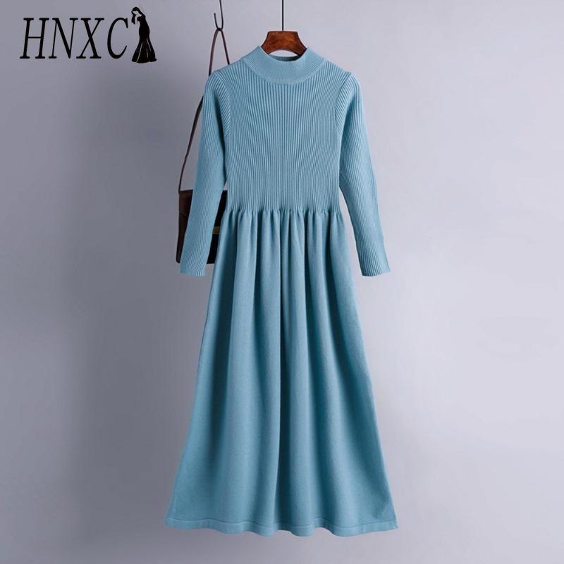 

HNXC Женская мода весна осень однотонный принт с длинным рукавом и высокой талией повседневные платья one size синий