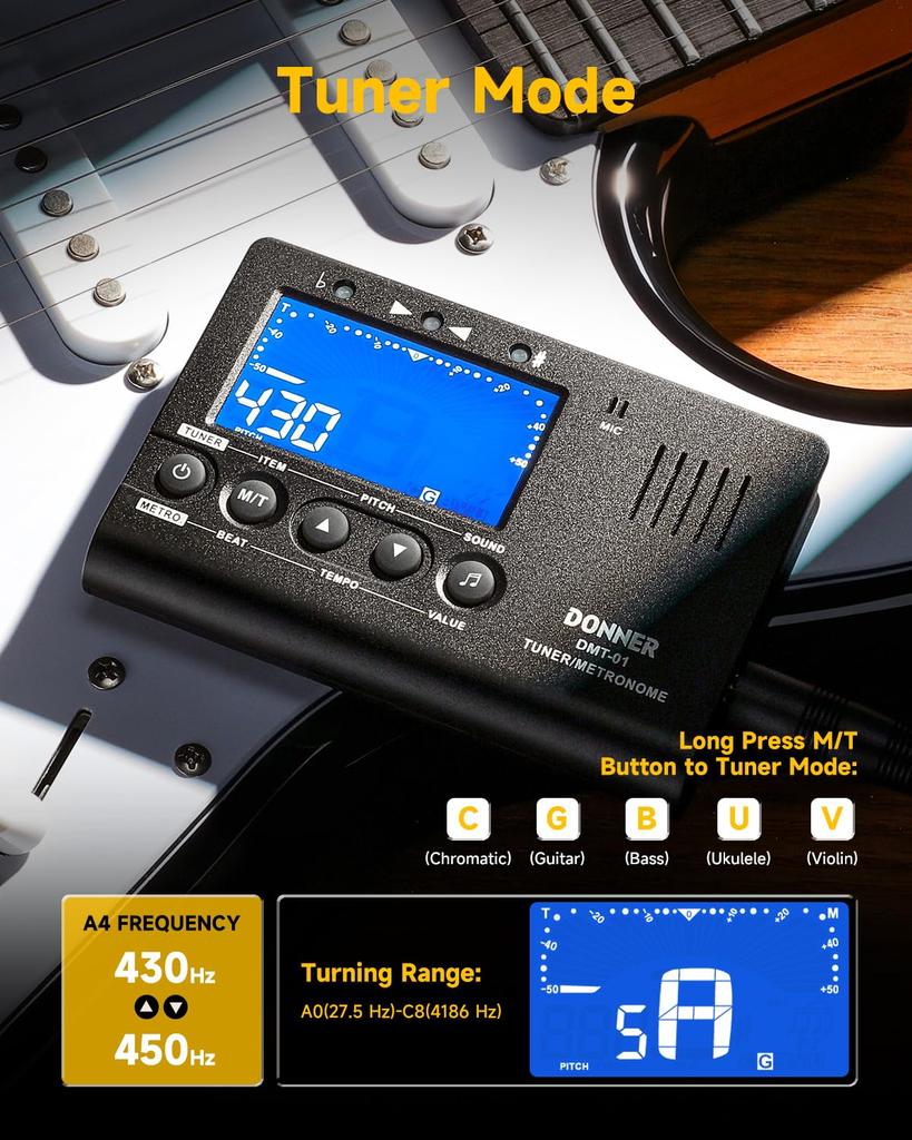 Donner Digital and Tone Generator for and Chromatic Instruments DMT-01 3-in-1 Metronome, Tuner, Guitar, Piano, Trumpet,