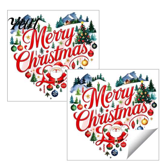 Holiday Glass Clings Merry Christmas Window Cling, Heart Shaped Sticker with Santa Claus Xmas Party Supplies Tree Balls, Winter Static PVC Decal