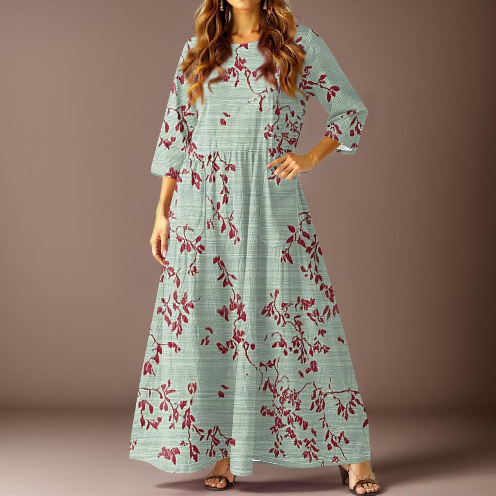 Women's Casual Fashion Floral Print Three-quarter Sleeve Long Dress With Pockets