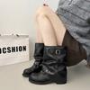 Internet celebrity street shot retro black short boots women's 2025 new rivet pant tube boots western boots pleated pile boots locomotive boots