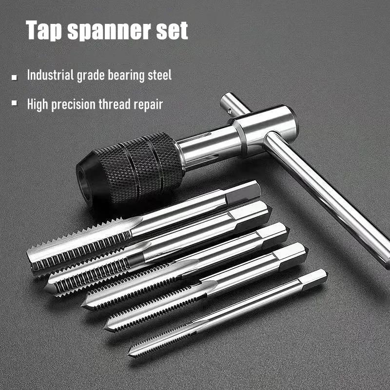 6PCS/set Alloy T-shaped Handle Wrench Manual Thread Drill Bit Adjustable M3-M8 Tapping Accessories Household Hardware Tools