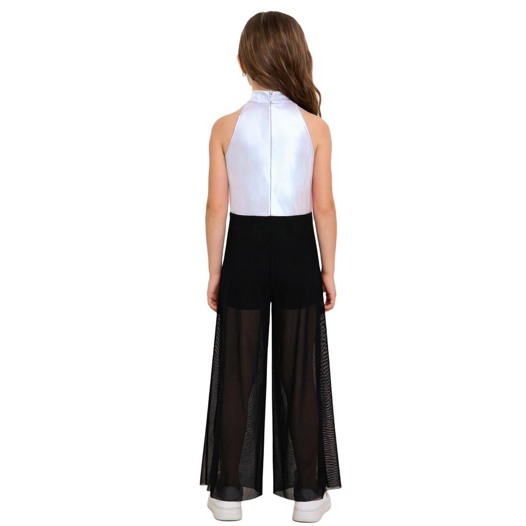 Meisjes Mock Neck Mouwloze Jumpsuit Metallic Bodice Ruches Wijde Pijp Rits aan de Achterkant Jazzdans Kostuum
