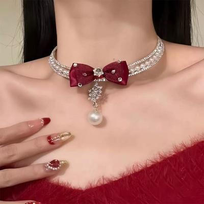 Zinc Zinc Alloy Pearls Rhinestone Choker Silver Shiny Neck Jewelry Neck Pendant Bow Beads Necklace  for Gift