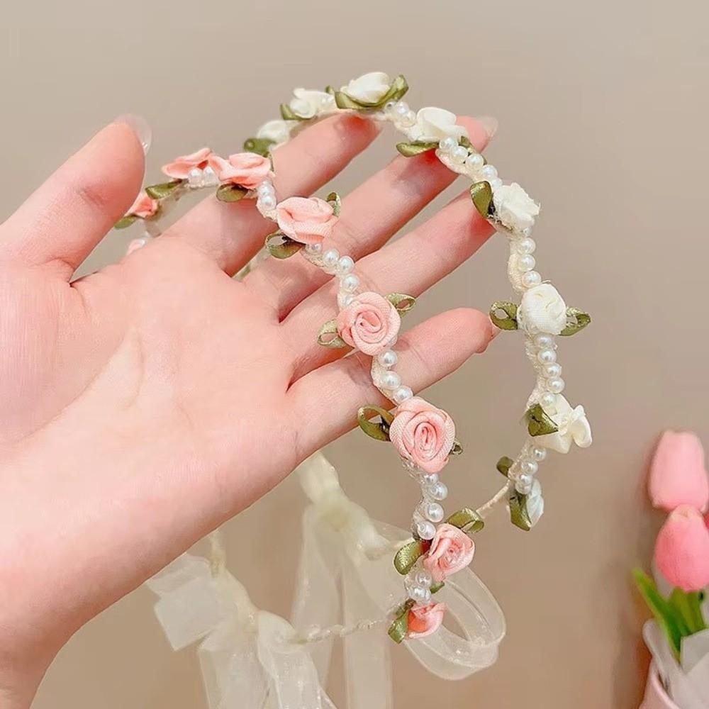 Spring Summer Hair Hoop Bow Braided Flower Wreath Headband Elegant Kids Rose Headband Gift