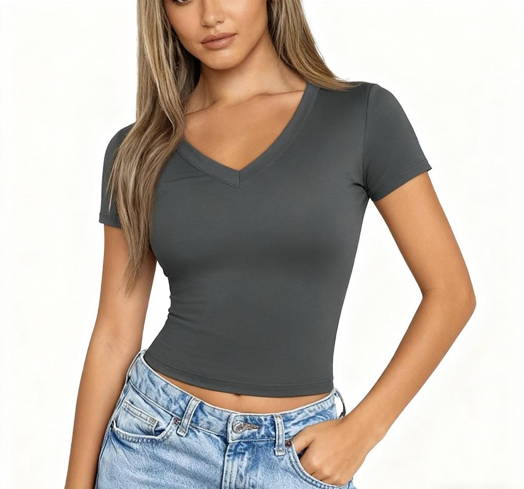 Women's V-Neck Slim Fit Milk Silk Short-Sleeve Top - Solid Color