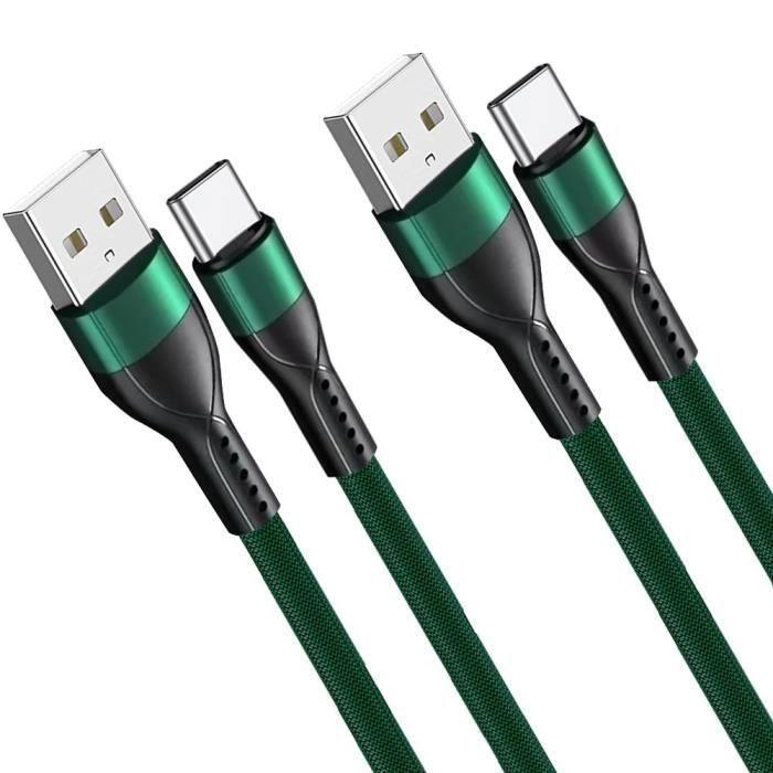 2x Câble USB-C Nylon Rapide 3A pour Samsung Galaxy A26 A25 A15 A05s A35 A55 S24 Ultra S25 - Vert 1 Mètre