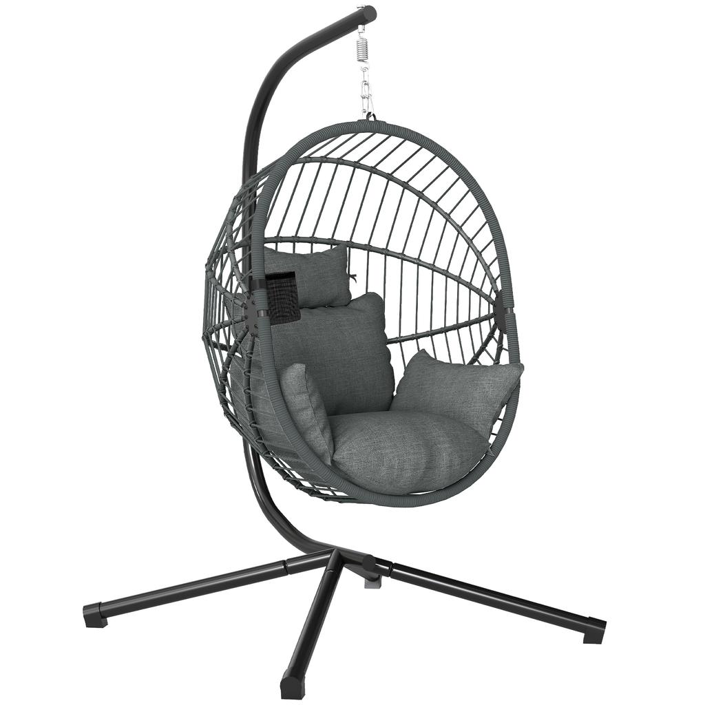 Hanging Egg Chair, Hammock Swing, Folding Basket, Padded Cushion, Grey