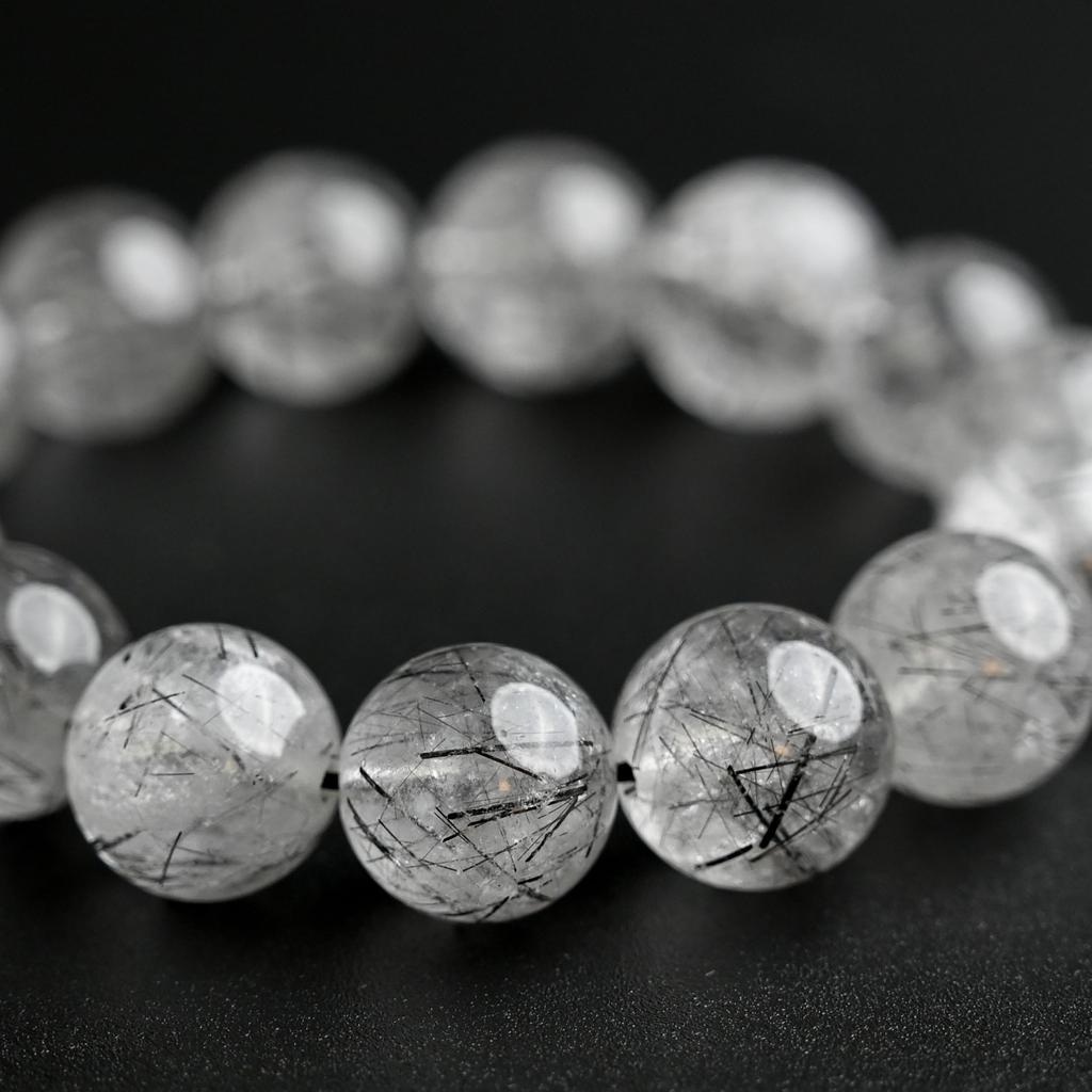Black Rutilated Quartz Bracelet Tourmaline in 14mm 17cm Wrist Limited Natural Power Prayer Good Luck Feng Shui [Eigado] (Black Quartz) Stone, Size,