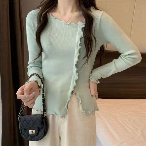 Asymmetric Long Sleeve Top Knit Base Layer for Women Autumn Thin Slim Fit Short Split Inner Wear Hot Girl Top