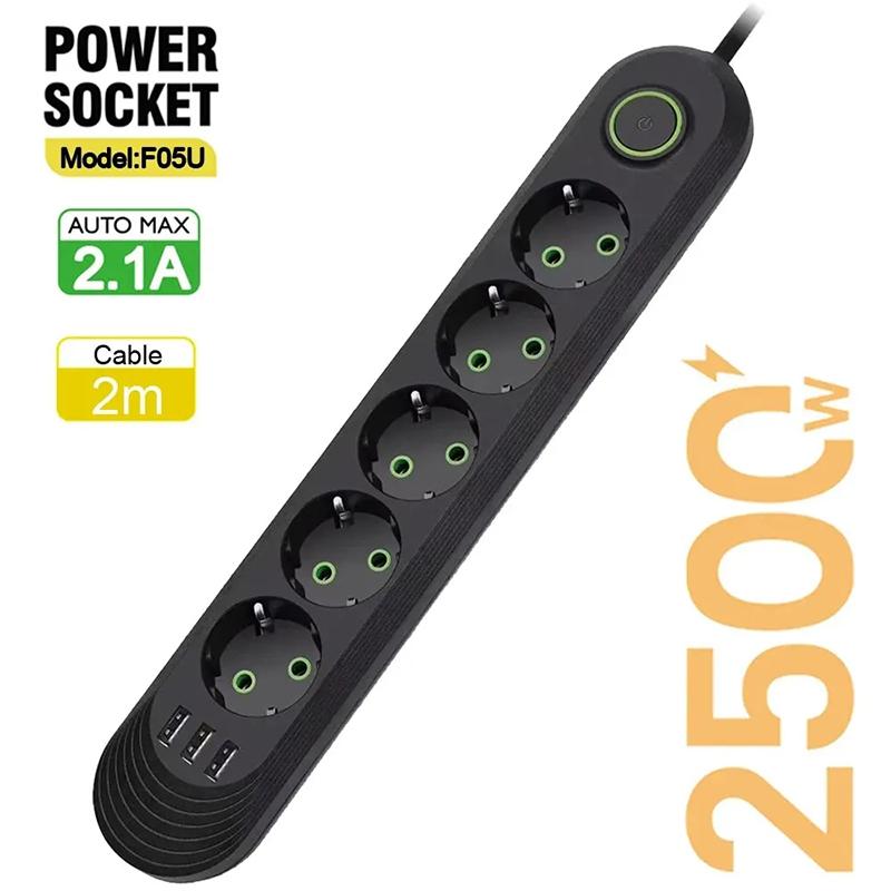 2500W EU Plug AC Outlet Multiprise Power Strip 2m Extension Cord Electrical Socket Network Filter With USB Ports Fast Charging