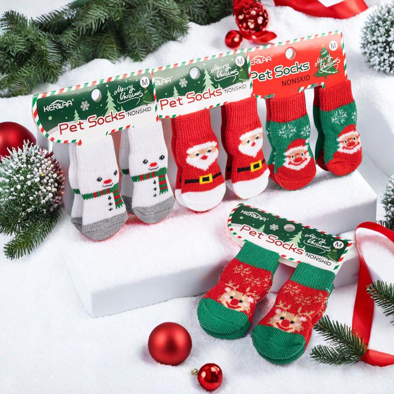 4Pcs/set Christmas Deer Snowman Pet Knitted Socks Winter Warm Indoor Wear Slip On Paw Protector Small Dogs Cat Socks Shoes