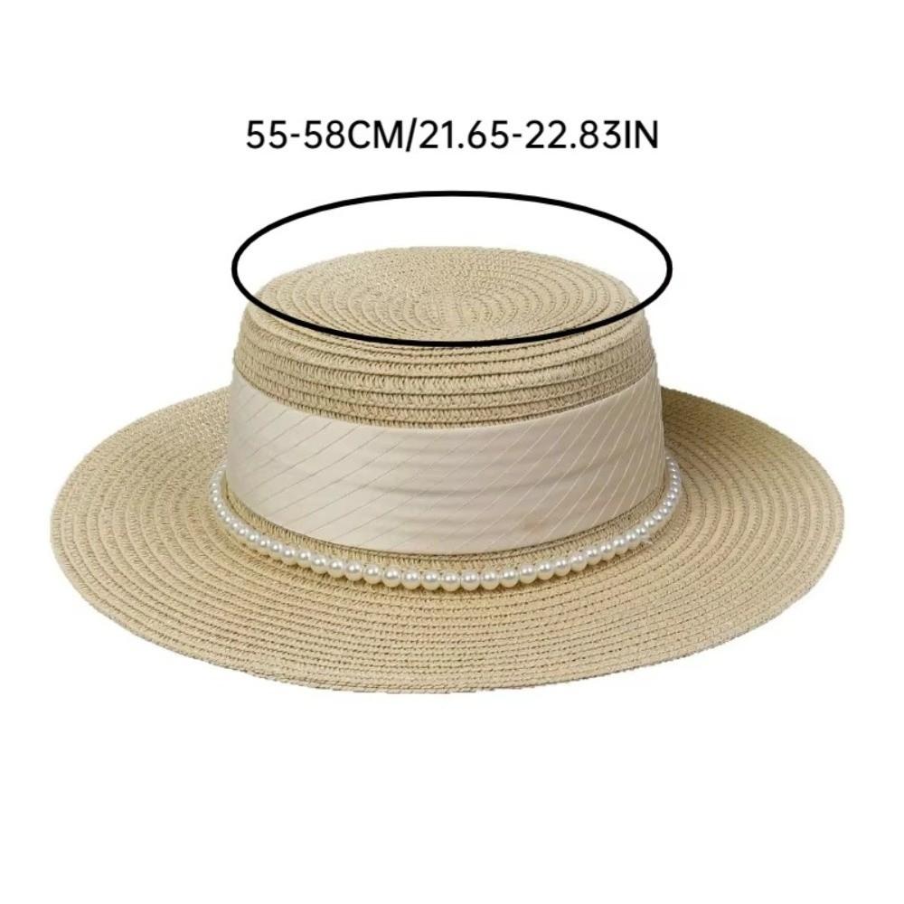 New French Hepburn Style Straw Hat Solid Color UV Protection Pearl Chain Hat Breathable Straw Weaving Flat Sun Hat Beach Wear