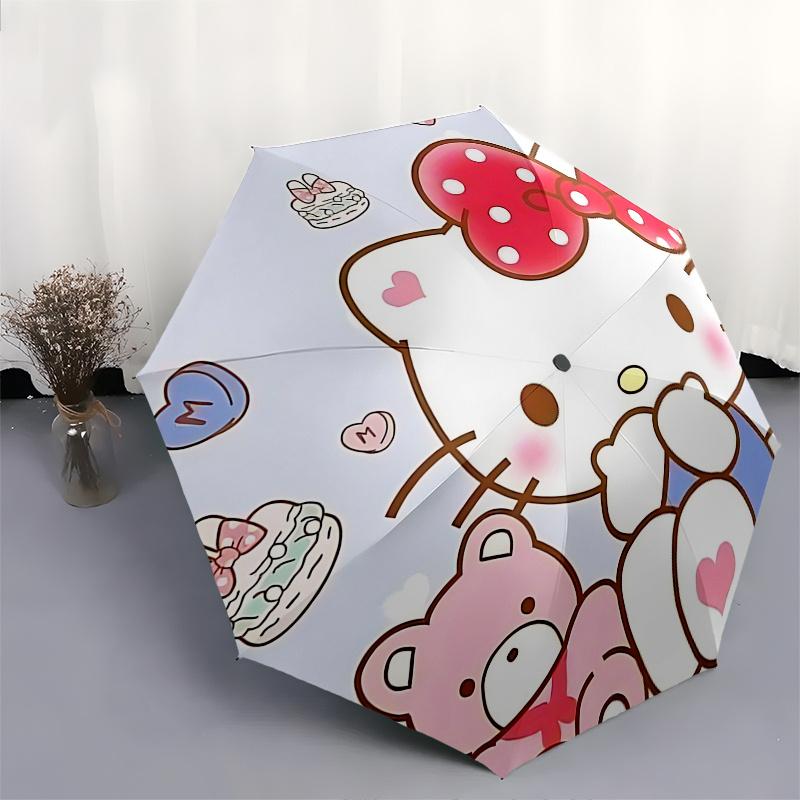 1pc Hello Kitty Automatic Opening/Closing Umbrella with Polka Dot Bow - Portable Three-Fold Design, 8-Bone Iron Frame Outdoor Umbrella for Fans, Trave
