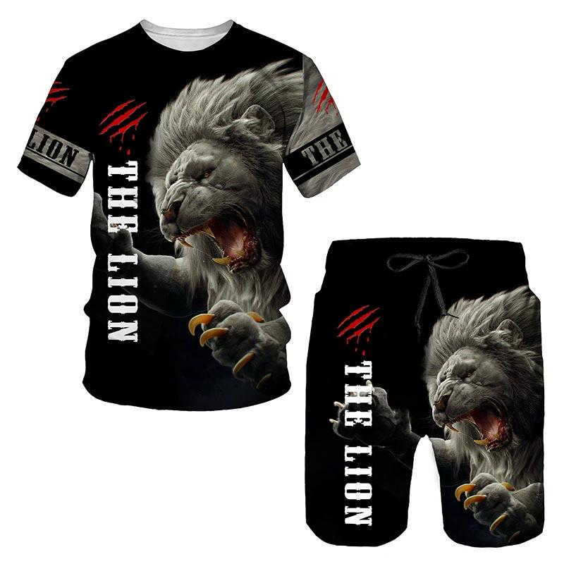 Mode 3D Imprimé Lion Vêtements de Sport Homme Ensemble 2 pièces Été T-shirt Short