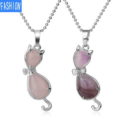 European And American Personality Amethyst Necklace Animal Cat Abstract Inlaid Natural Stone Pendant