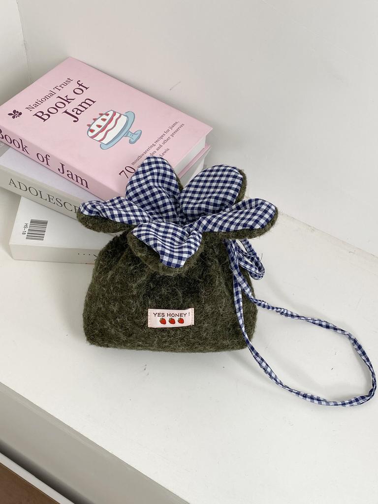 Sweet Flower Women's Plush Crossbody Bags Fashion Plaid College Girls Drawstring Shoulder Bag Cute Floral Small Purse Handbags