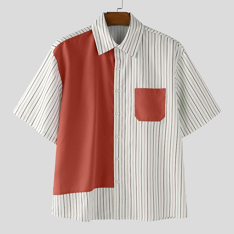 INCERUN Men Striped Shirts Casual Short Sleeve Patchwork Buttons Up Tops