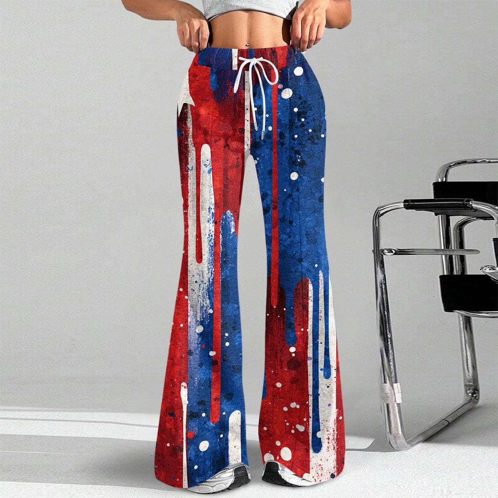 Women's Fashion Loose Drawstring Tight Waist Independence Day Printed Casual Sports Pants Casual Flared Pants
