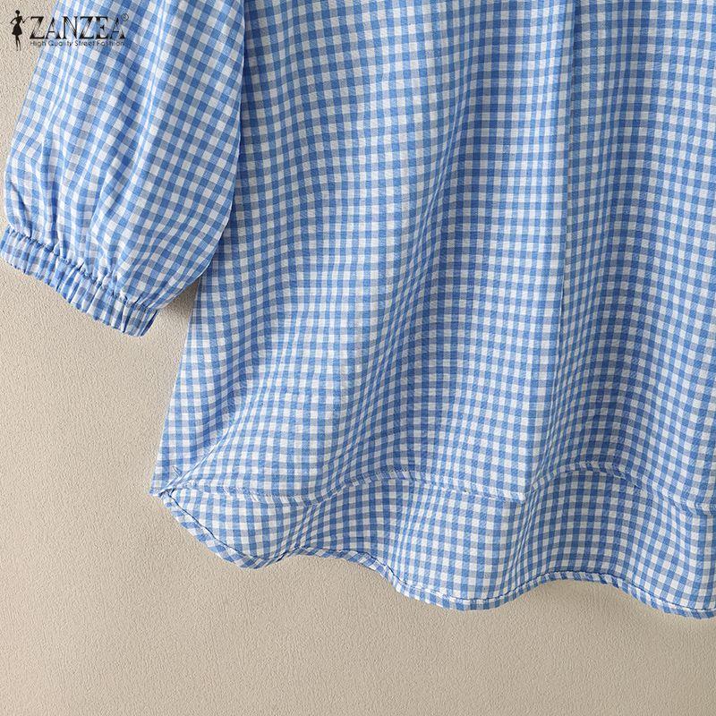 ZANZEA Women Casual Turn Down Collar Plaid Print Loose 3/4 Sleeve Blouse