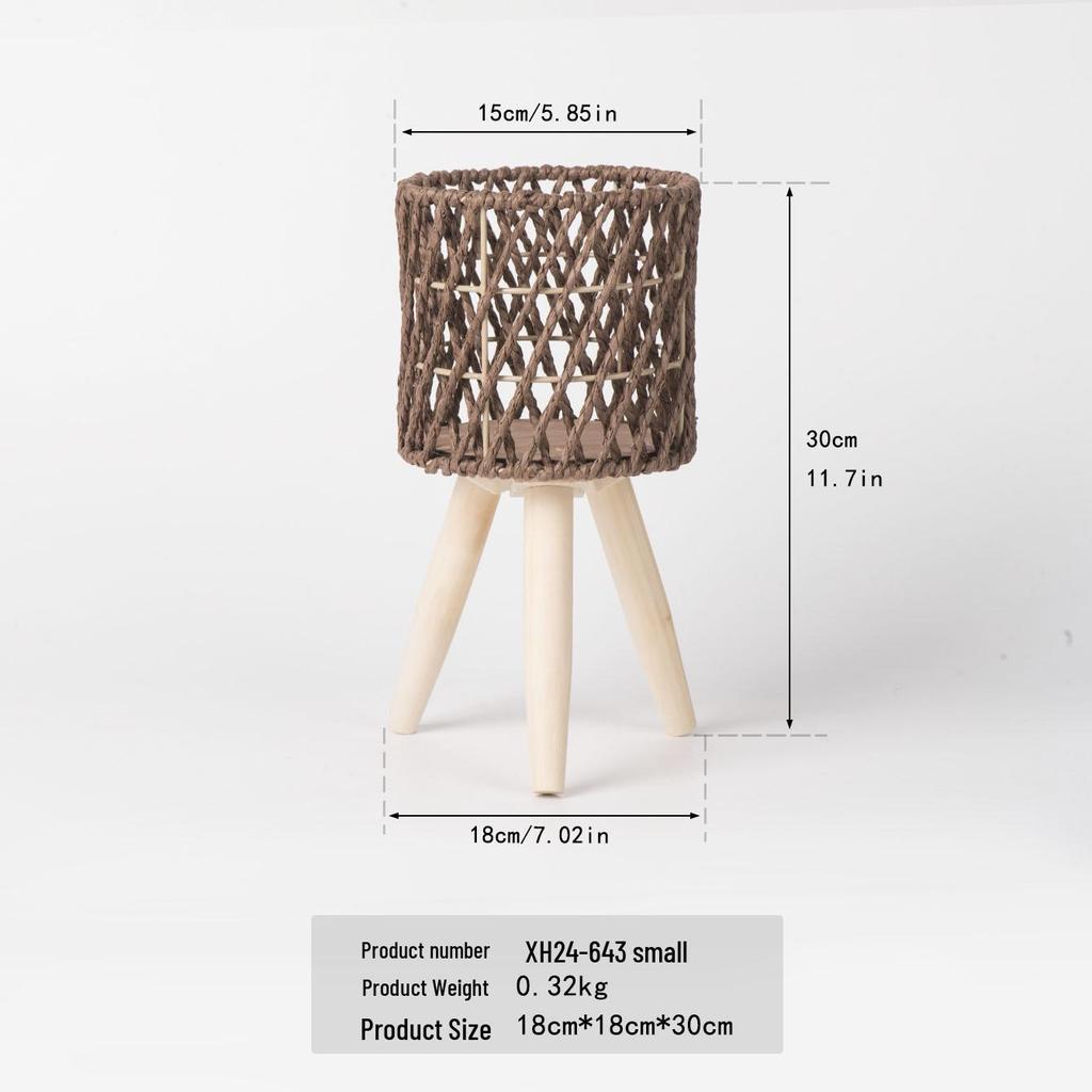 Nordic Rattan Woven Plant Stand - Handmade High-Leg Wooden Flower Pot for Indoor/ Balcony/ Living Room.