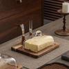 Acacia Wood Glass Cover Butter Box Cheese Plate with Knife Butter Plate Wooden Dessert Plate Cake Pastry Tray Kitchen Utensils