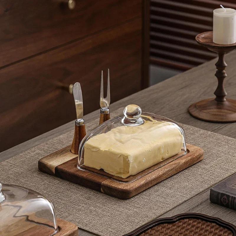 Acacia Wood Glass Cover Butter Box Cheese Plate with Knife Butter Plate Wooden Dessert Plate Cake Pastry Tray Kitchen Utensils