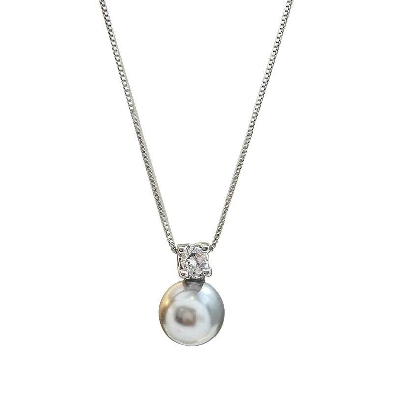Classic Elegant Silver Single Shiny Zircon Round Grey White Pearl Pendant Necklaces for Women Collarbone Chain Jewelry