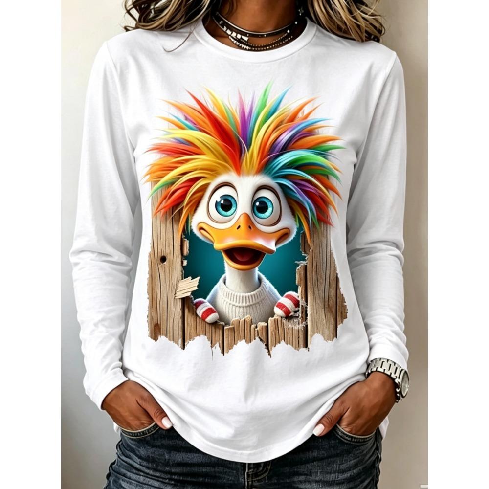 Autumn Women's  Fashionable Comfortable Creative Fun Colorful Animal 3d Printing T-shirt Soft Breathable Round Neck Long Sleeved T-shirt