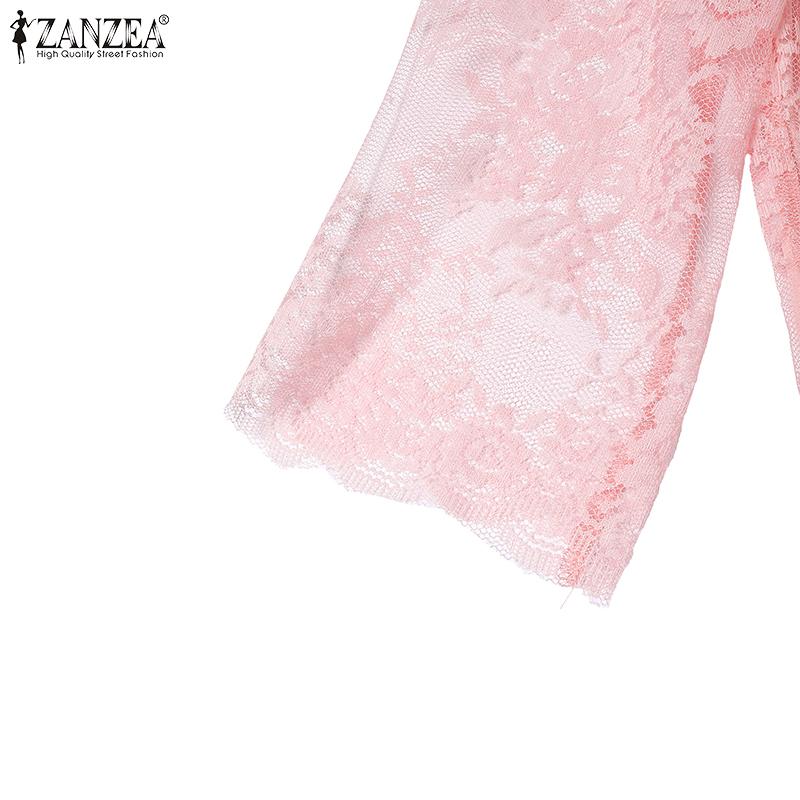 ZANZEA Women Summer Round Neck 3/4 Sleeve Hollow Lace Patchwork Blouse