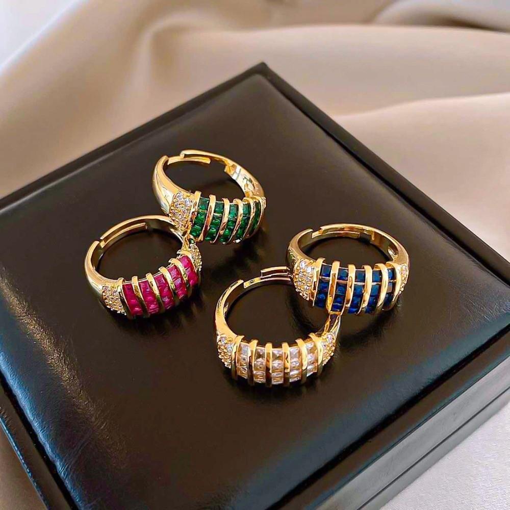 Korean Style Rhinestone Ring Geometric Chunky Enamel Ring Vintage Zircon Opening Ring Decoration