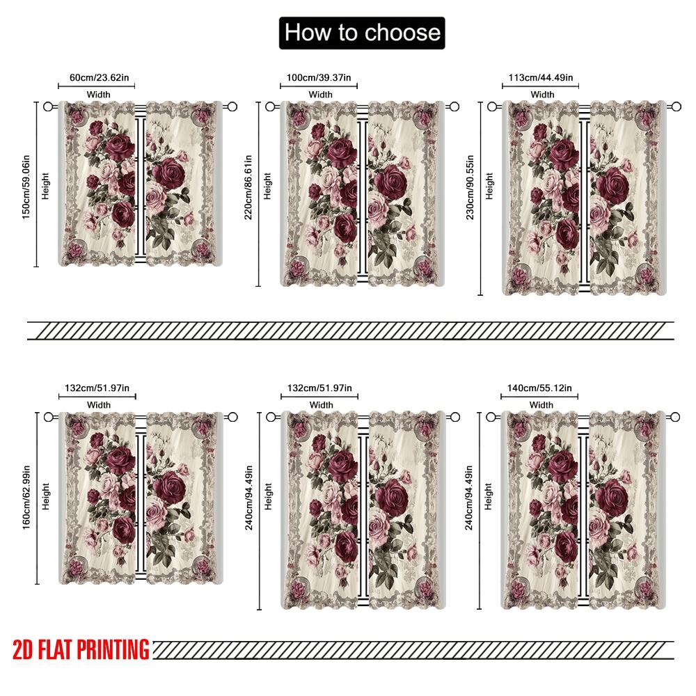 2D flat printing 2pcs Party Window Curtains Floral Rose Versatile Fabric  Without Electricity Holiday Decorations Applies to room