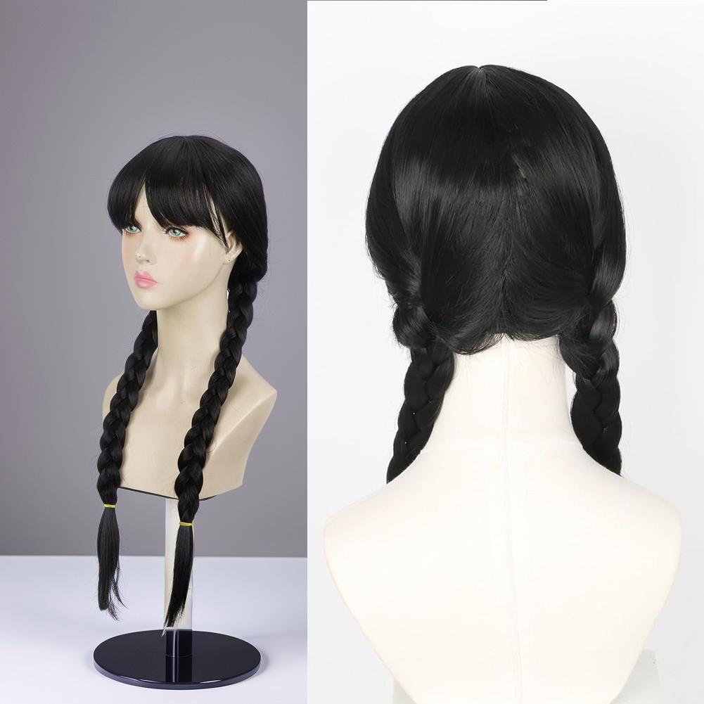 NUOVA Parrucca Nera Intrecciata Sintetica Addams Treccia Nera a Coda di Cavallo Treccine Compatibile con Costume di Halloween Mercoledì Addams Parrucca