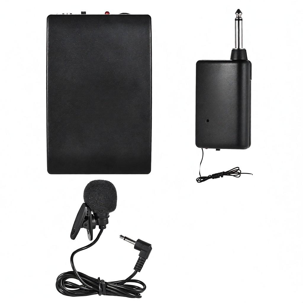 Portable Lavalier Lapel Collar Clip-on FM Wireless Microphone System Voice Amplifier 1/4in Output Plug with Bodypack Transmitter Mini Mic Receiver