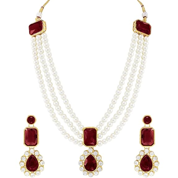 Gold Plated Kundan Long Necklace Earring Indian Traditional Jewellery Set for Women & Girls