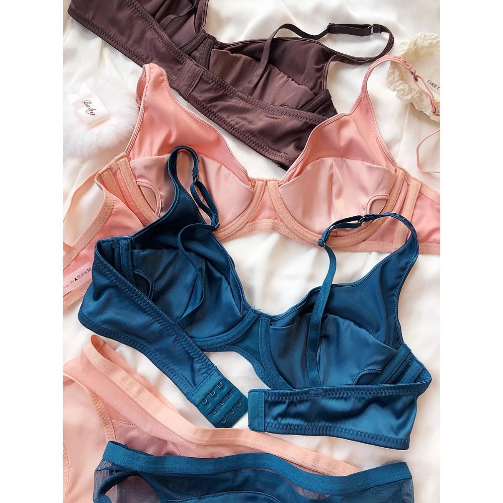 Conjunto de sujetador push up de seda de hielo para mujer, ropa interior cómoda y sexy con pechos pequeños, relleno desmontable, copa fina, sujetador, bragas íntimas