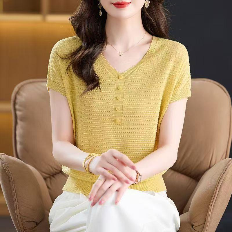 Summer Women's Knitted Short Sleeved T-shirt Knitted Loose Top Slimming Mom