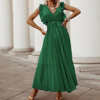 Summer Chiffon Purple Sexy V-neck Long Dress For Women Solid Elegant Petal Sleeve Pleated Beach Dress Vestido De Mujer 24971